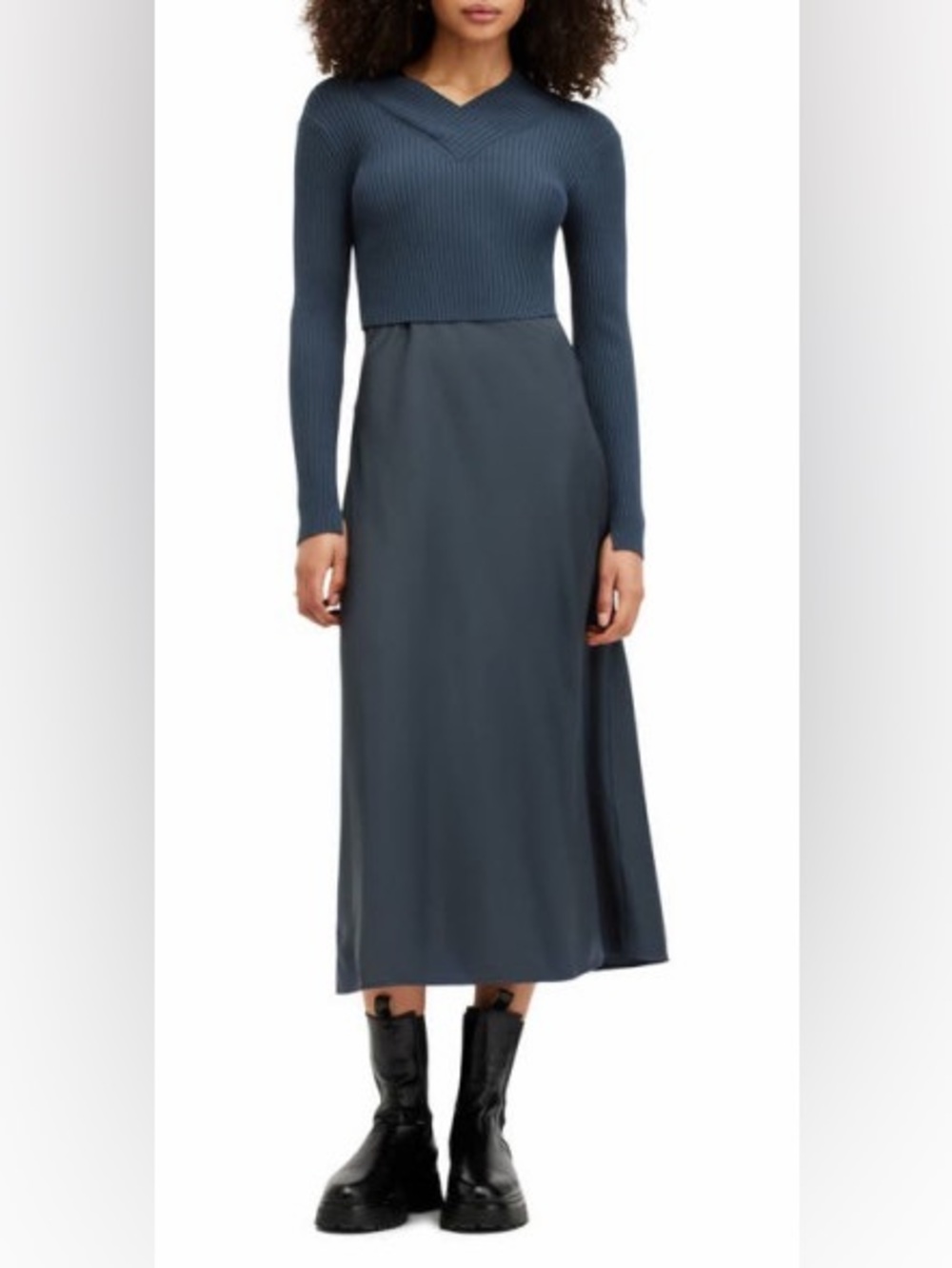 All Saints Blue Ribbed Knit Top & Satin Midi Dress Ensemble
